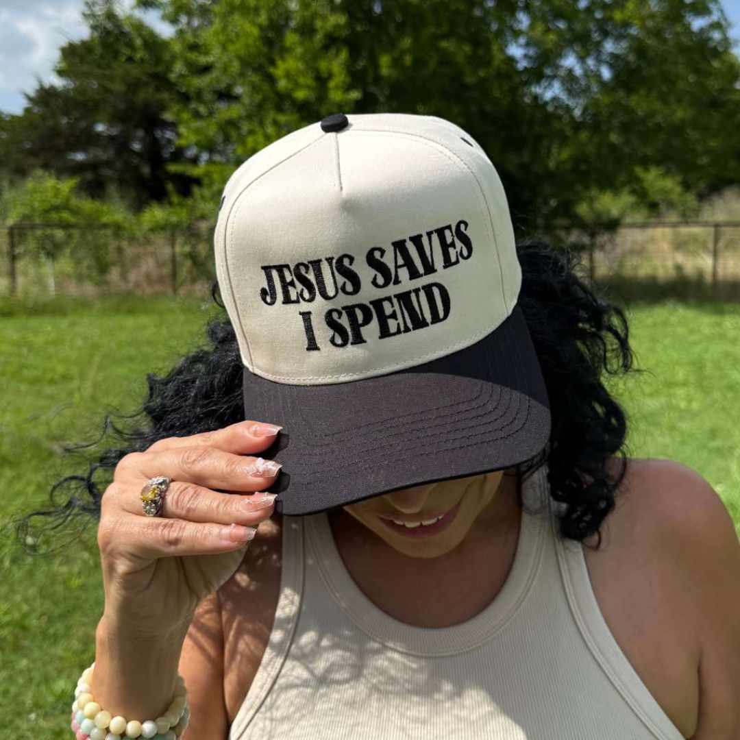 Natural Black The Jesus Saves I Spend two-tone 5-panel embroidered hat is the perfect blend of faith and fun—designed for stylish believers with a love for shopping. - DSY Lifestyle