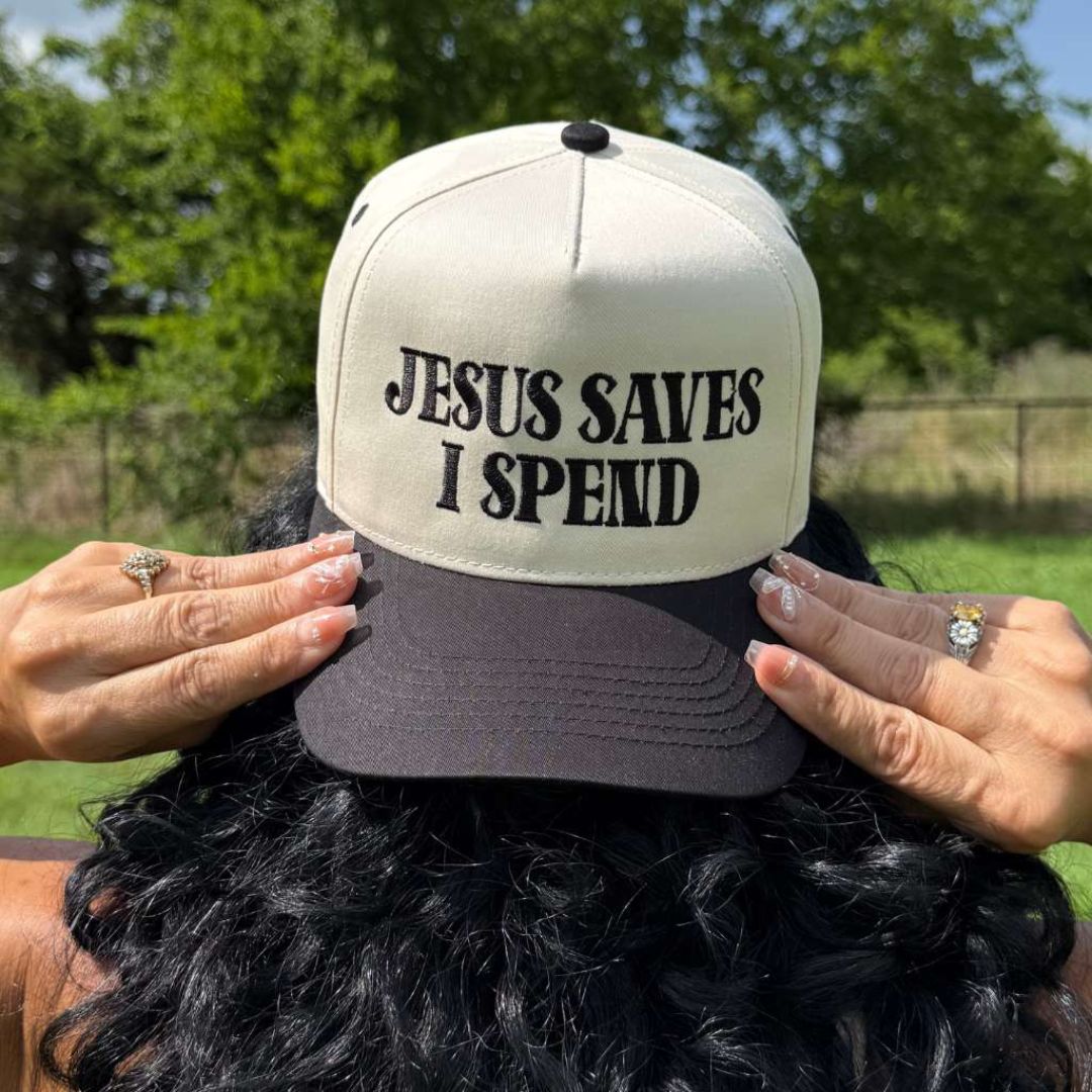 Natural Black The Jesus Saves I Spend two-tone 5-panel embroidered hat is the perfect blend of faith and fun—designed for stylish believers with a love for shopping. - DSY Lifestyle