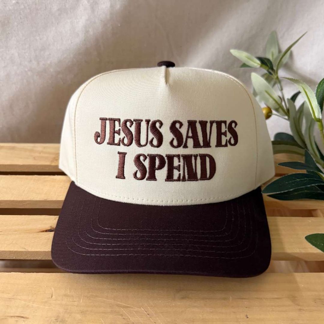 Natural Brown The Jesus Saves I Spend two-tone 5-panel embroidered hat is the perfect blend of faith and fun—designed for stylish believers with a love for shopping. - DSY Lifestyle