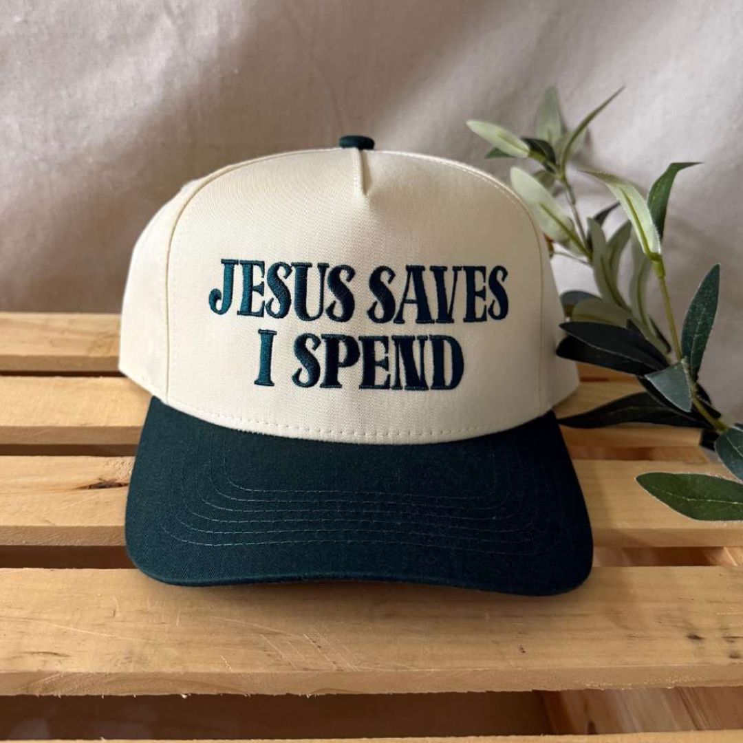 Natural Forest Green The Jesus Saves I Spend two-tone 5-panel embroidered hat is the perfect blend of faith and fun—designed for stylish believers with a love for shopping. - DSY Lifestyle