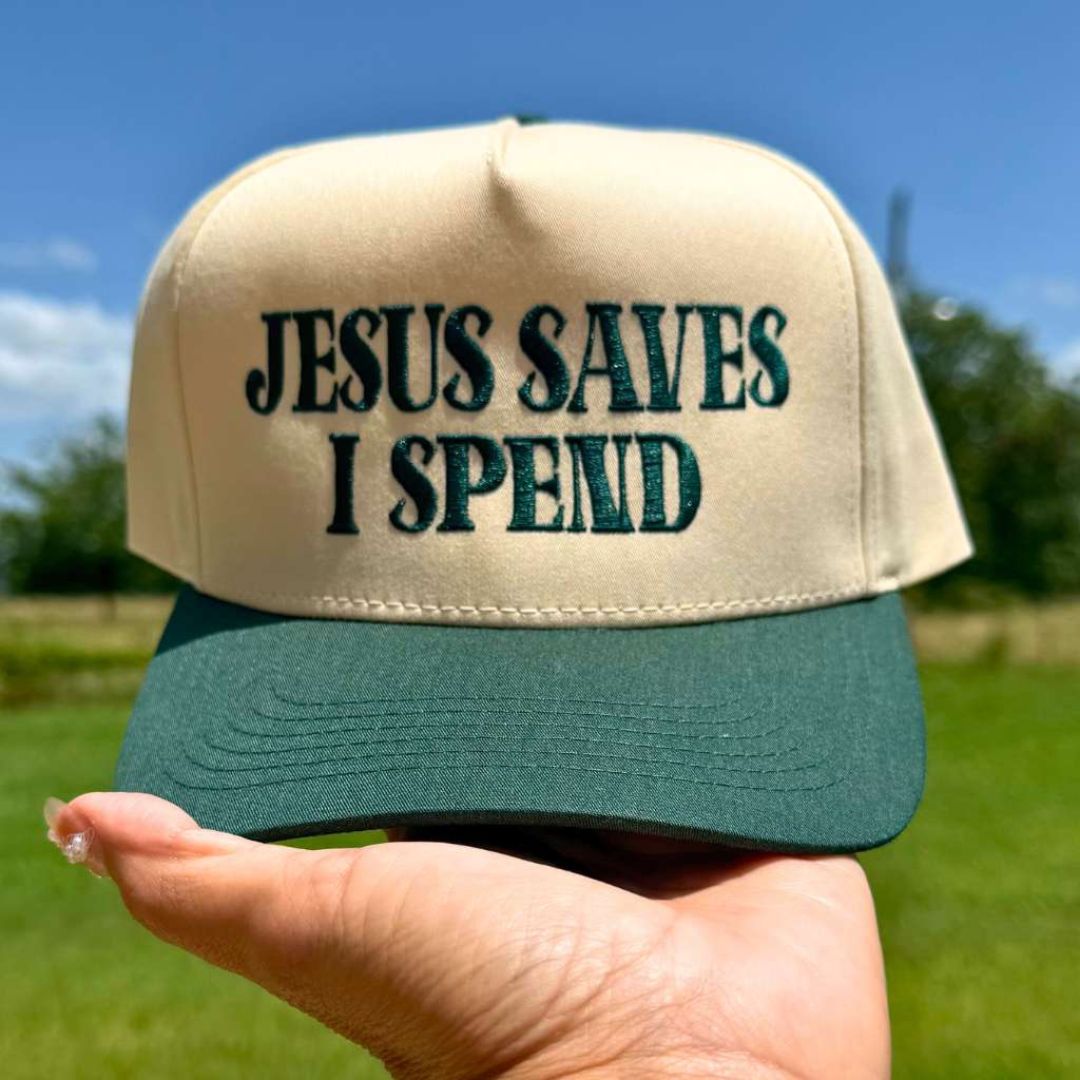 Natural Forest Green The Jesus Saves I Spend two-tone 5-panel embroidered hat is the perfect blend of faith and fun—designed for stylish believers with a love for shopping. - DSY Lifestyle