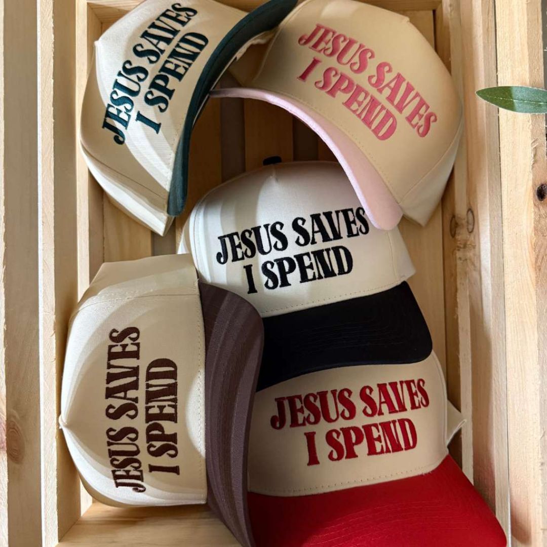 Natural Multicolor set of The Jesus Saves I Spend two-tone 5-panel embroidered hats is the perfect blend of faith and fun—designed for stylish believers with a love for shopping. - DSY Lifestyle
