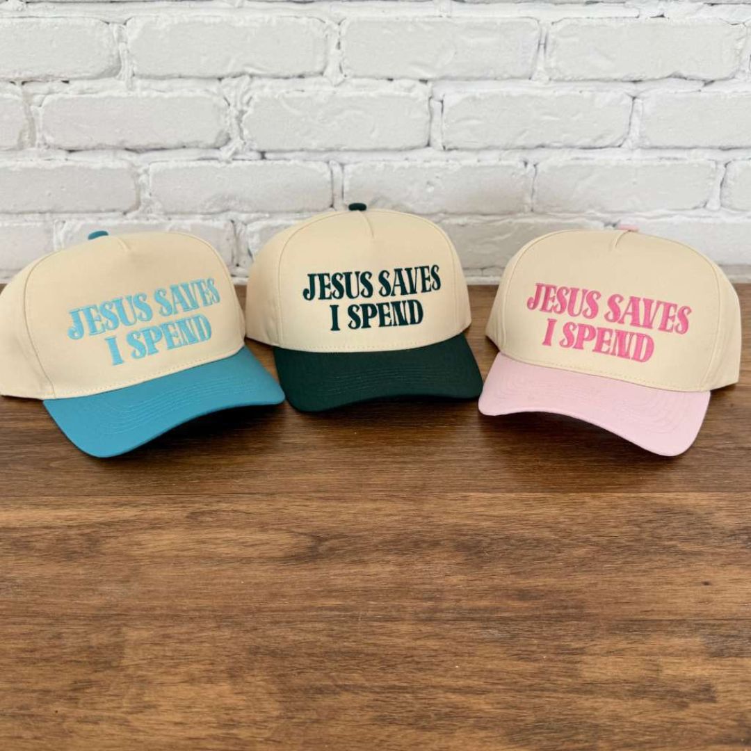 Natural Multicolor set of The Jesus Saves I Spend two-tone 5-panel embroidered hats is the perfect blend of faith and fun—designed for stylish believers with a love for shopping. - DSY Lifestyle