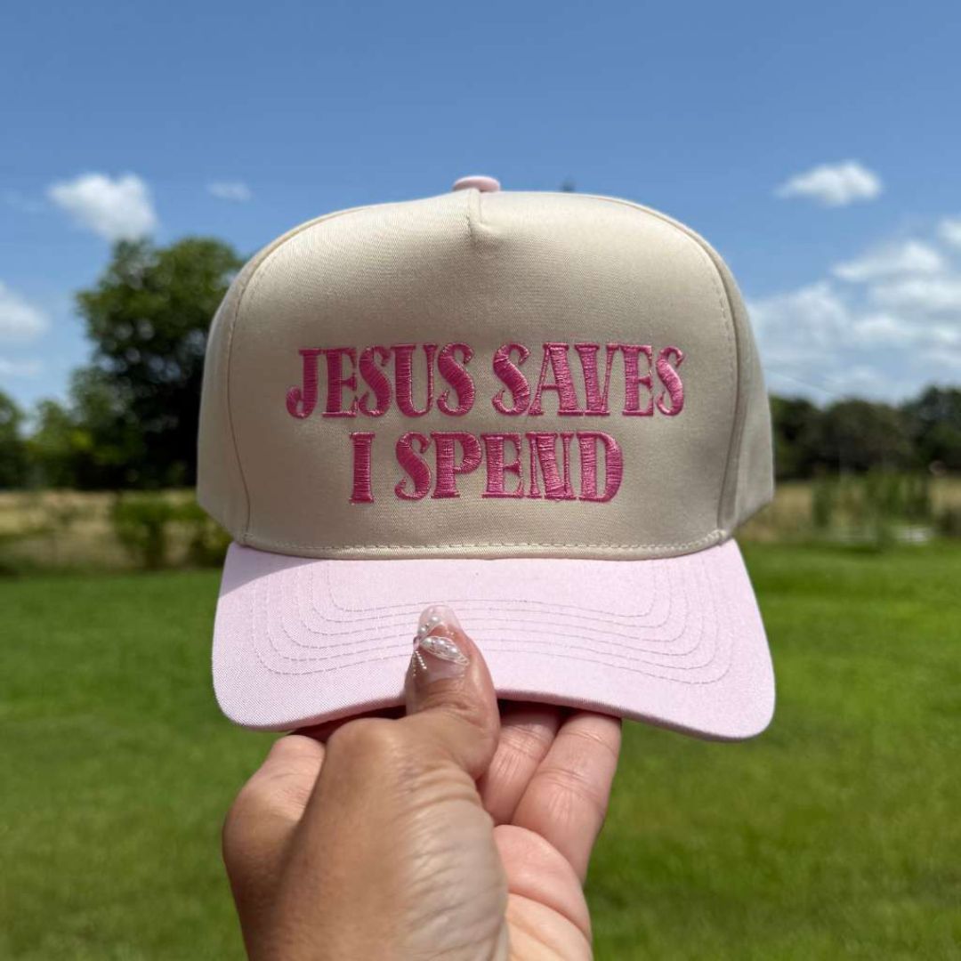 Natural Light Pink The Jesus Saves I Spend two-tone 5-panel embroidered hat is the perfect blend of faith and fun—designed for stylish believers with a love for shopping. - DSY Lifestyle