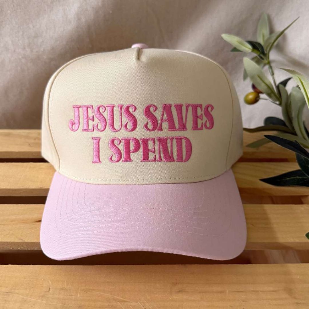 Natural Light Pink The Jesus Saves I Spend two-tone 5-panel embroidered hat is the perfect blend of faith and fun—designed for stylish believers with a love for shopping. - DSY Lifestyle