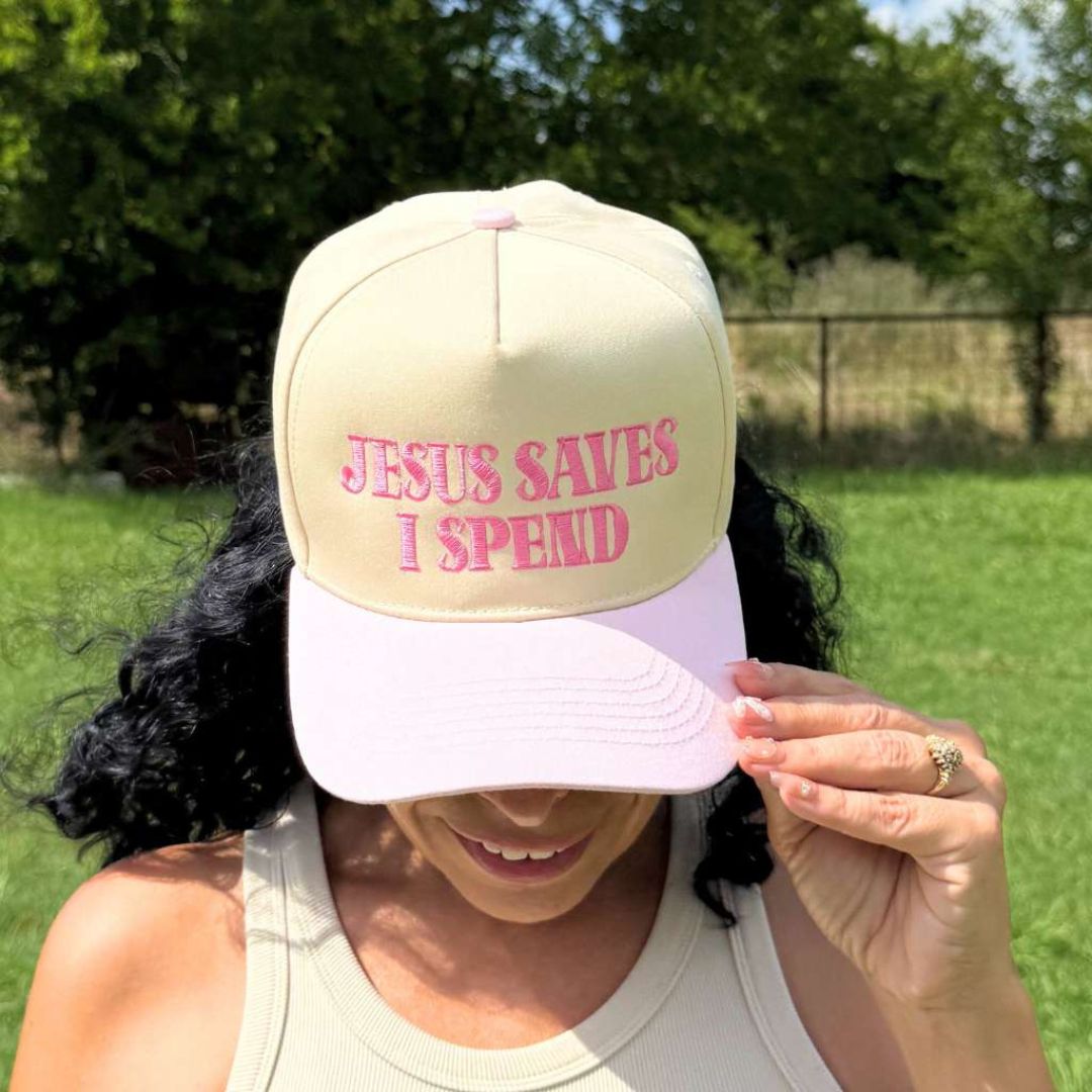 Natural Light Pink The Jesus Saves I Spend two-tone 5-panel embroidered hat is the perfect blend of faith and fun—designed for stylish believers with a love for shopping. - DSY Lifestyle
