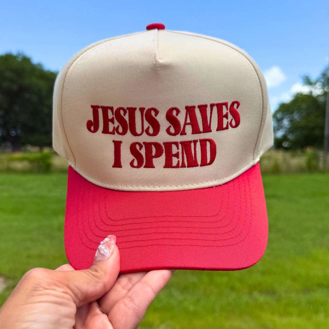 Natural Red The Jesus Saves I Spend two-tone 5-panel embroidered hat is the perfect blend of faith and fun—designed for stylish believers with a love for shopping. - DSY Lifestyle