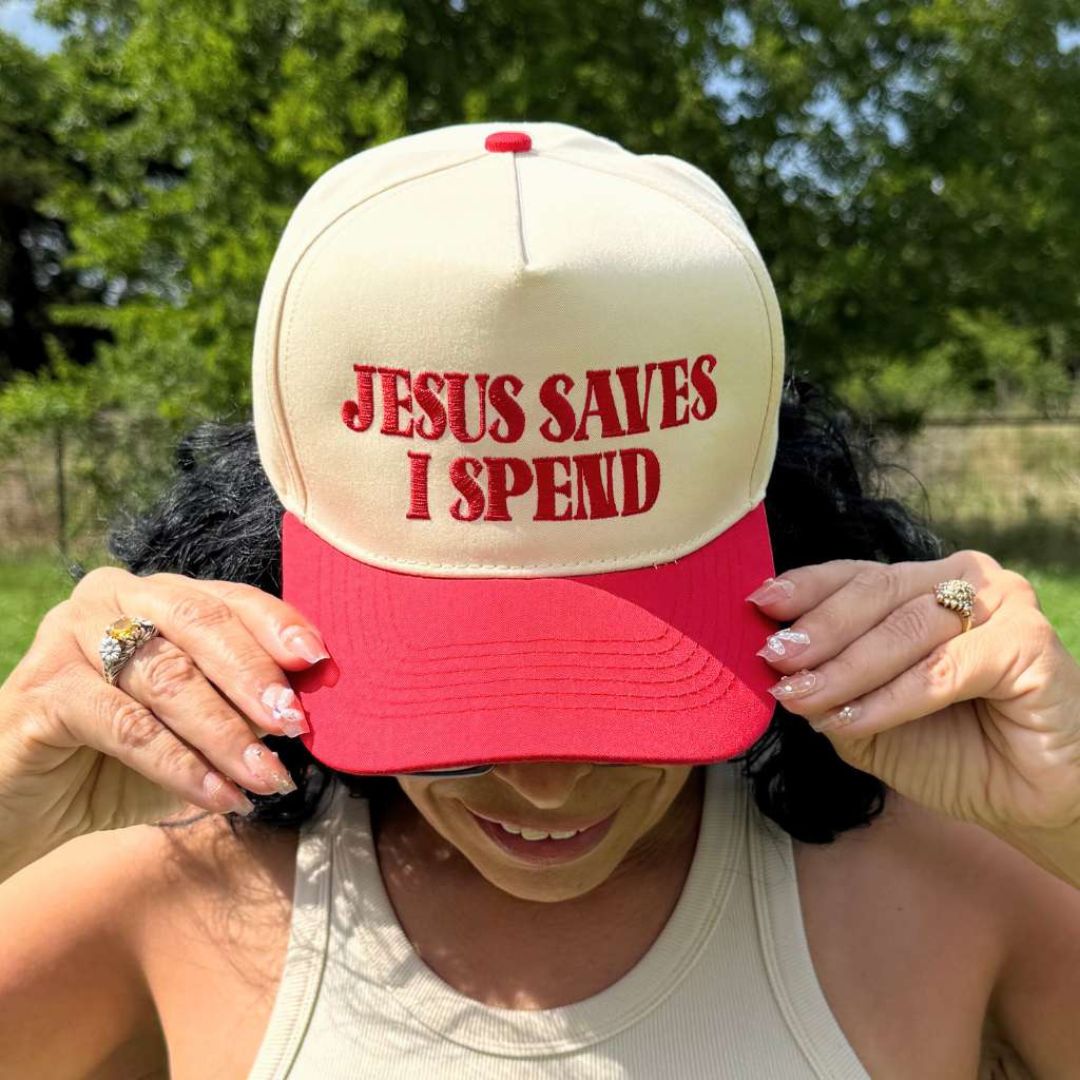 Natural Red The Jesus Saves I Spend two-tone 5-panel embroidered hat is the perfect blend of faith and fun—designed for stylish believers with a love for shopping. - DSY Lifestyle