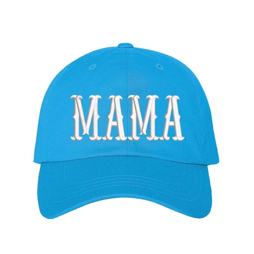 Aqua Mama Bold Embroidered Baseball Hat in classic cotton with pre-curved brim and hook and loop closure. DSY Lifestyle.