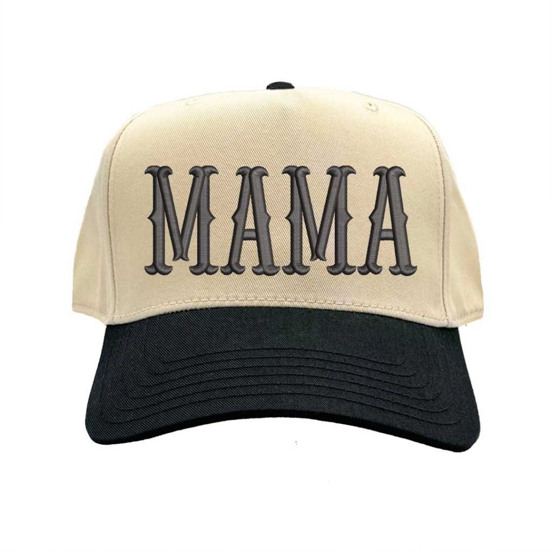 Natural Black MAMA 5-Panel Two Tone Baseball Hat with embroidered lettering, retro two-tone design, and adjustable snapback closure – DSY Lifestyle.