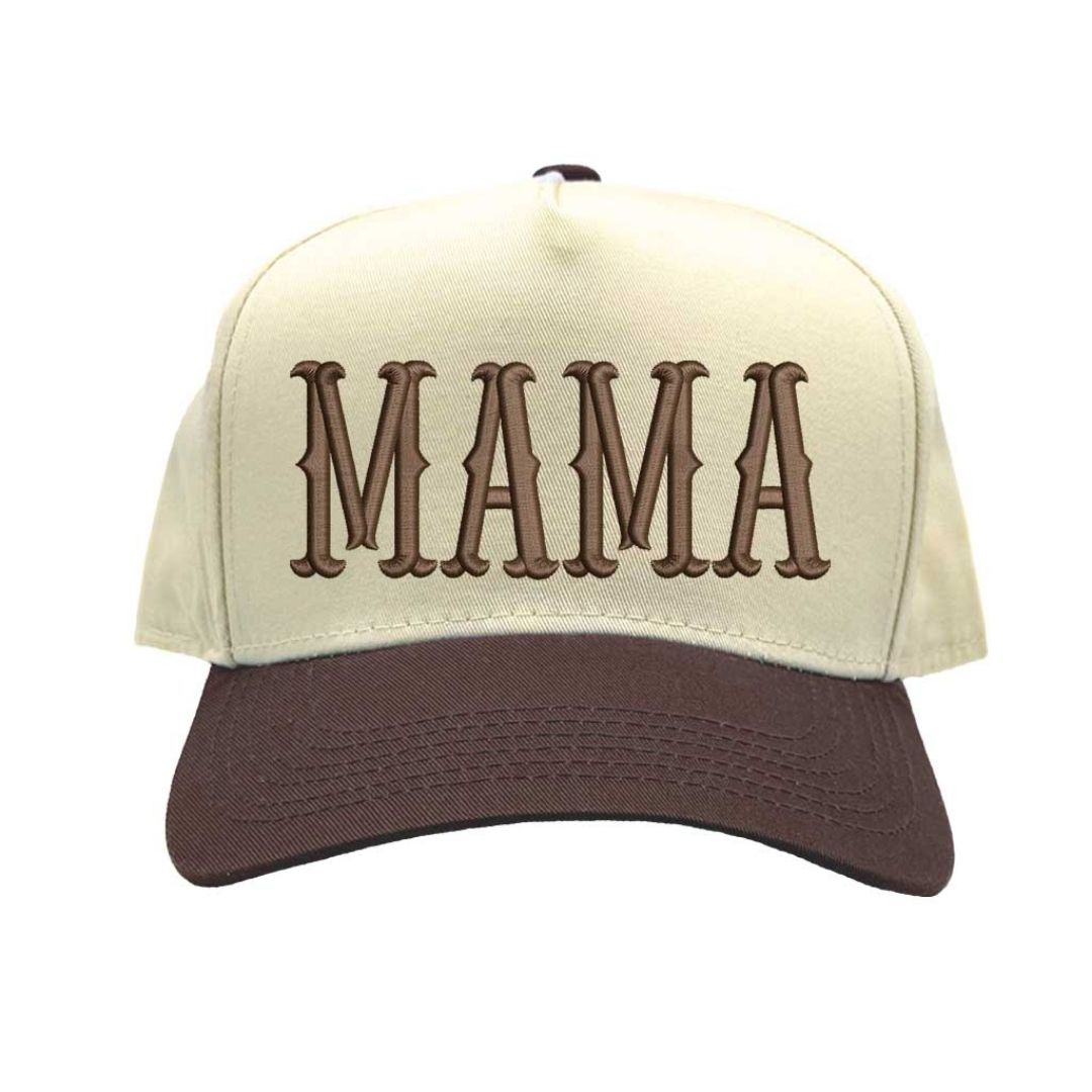 Natural Brown MAMA 5-Panel Two Tone Baseball Hat with embroidered lettering, retro two-tone design, and adjustable snapback closure – DSY Lifestyle.