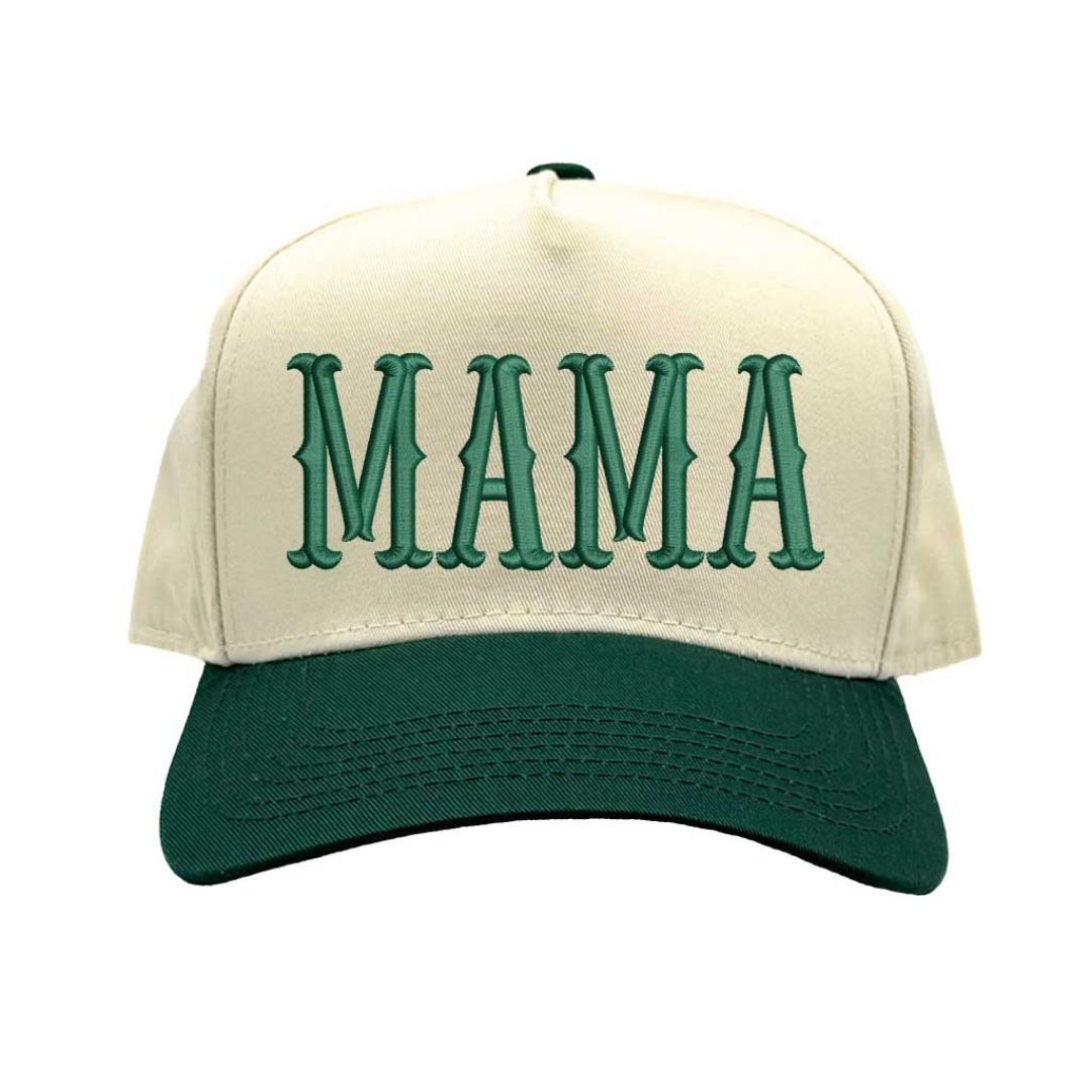 Natural Forest Green MAMA 5-Panel Two Tone Baseball Hat with embroidered lettering, retro two-tone design, and adjustable snapback closure – DSY Lifestyle.