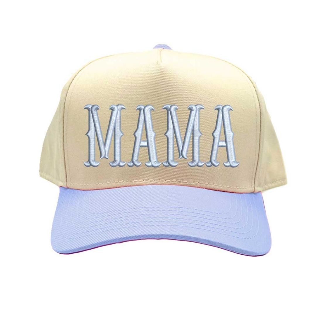 Natural Lavender MAMA 5-Panel Two Tone Baseball Hat with embroidered lettering, retro two-tone design, and adjustable snapback closure – DSY Lifestyle.