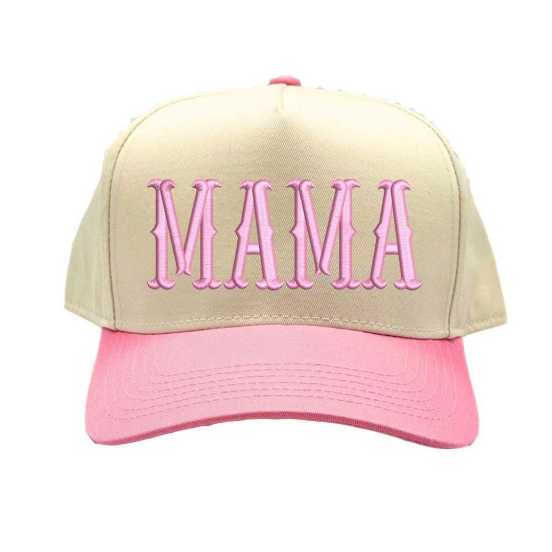 Natural Light Pink MAMA 5-Panel Two Tone Baseball Hat with embroidered lettering, retro two-tone design, and adjustable snapback closure – DSY Lifestyle.