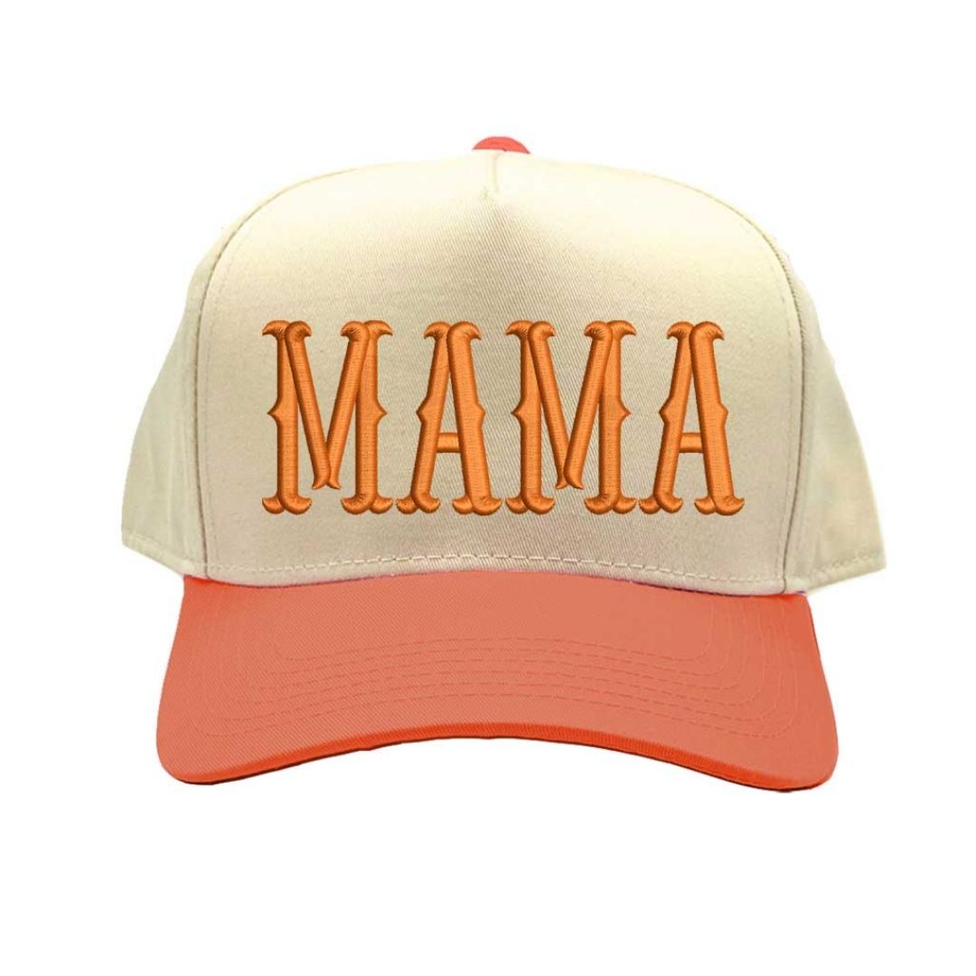 Natural Texas Orange MAMA 5-Panel Two Tone Baseball Hat with embroidered lettering, retro two-tone design, and adjustable snapback closure – DSY Lifestyle.