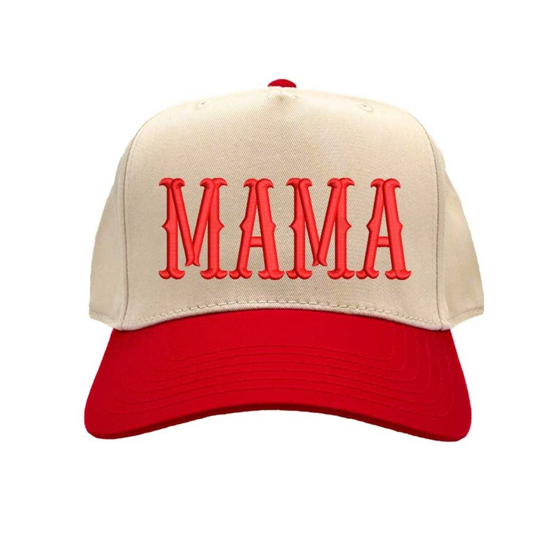 Natural Red MAMA 5-Panel Two Tone Baseball Hat with embroidered lettering, retro two-tone design, and adjustable snapback closure – DSY Lifestyle.