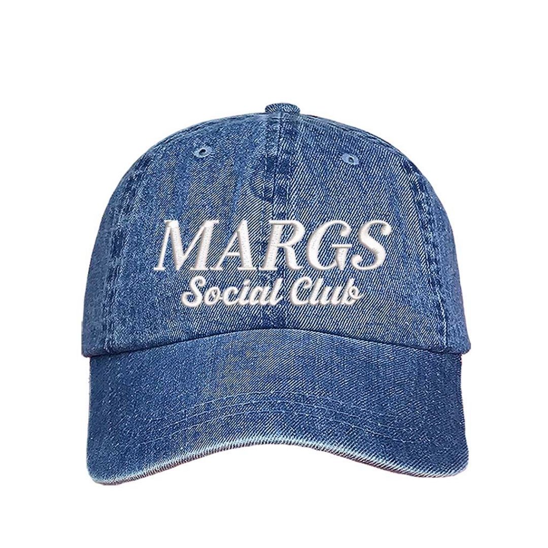 Light Denim Chic embroidered baseball hat reading “Margs Social Club” – ideal for brunch, beach, or bachelorette vibes. - DSY Lifestyle