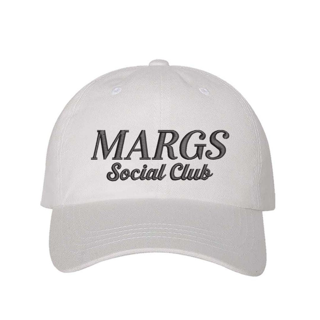 White Chic embroidered baseball hat reading “Margs Social Club” – ideal for brunch, beach, or bachelorette vibes. - DSY Lifestyle