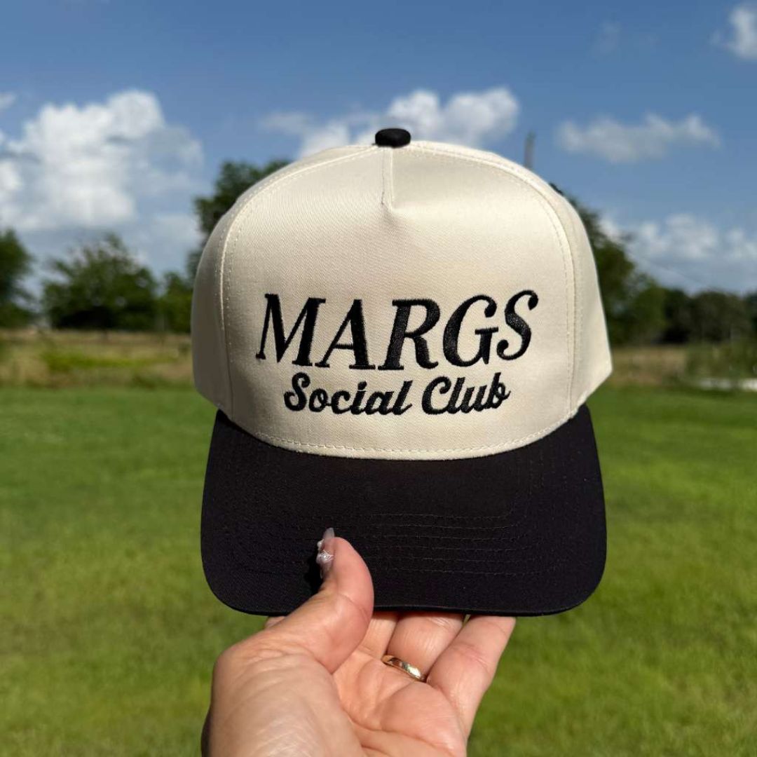 Natural Black Two-tone embroidered trucker baseball hat with “Margs Social Club” stitched on front, adjustable snapback closure – DSY Lifestyle