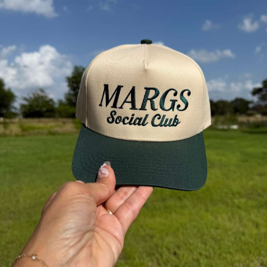 Natural Forest Green Two-tone embroidered trucker baseball hat with “Margs Social Club” stitched on front, adjustable snapback closure – DSY Lifestyle