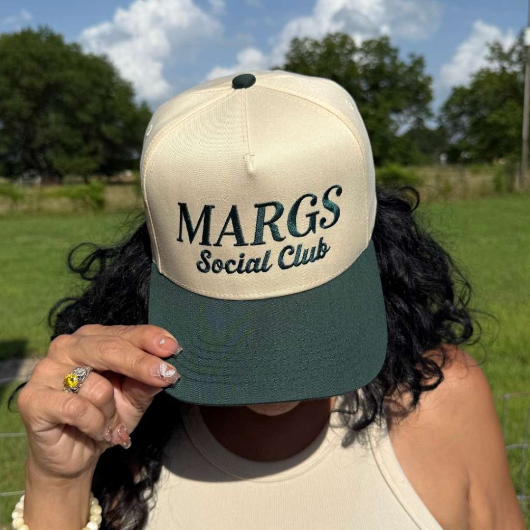 Natural Forest Green Two-tone embroidered trucker baseball hat with “Margs Social Club” stitched on front, adjustable snapback closure – DSY Lifestyle