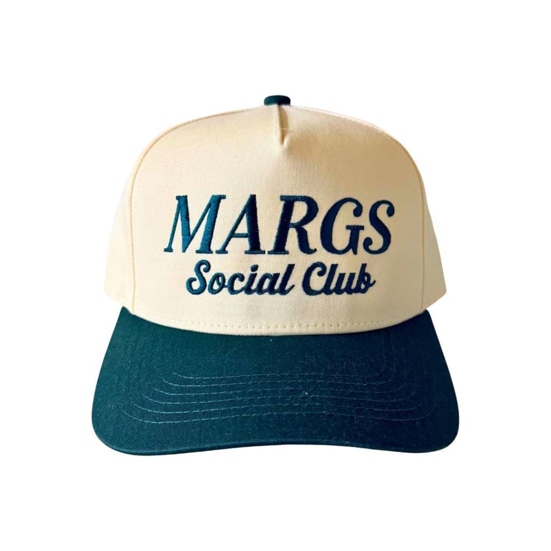 Natural Forest Green Two-tone embroidered trucker baseball hat with “Margs Social Club” stitched on front, adjustable snapback closure – DSY Lifestyle