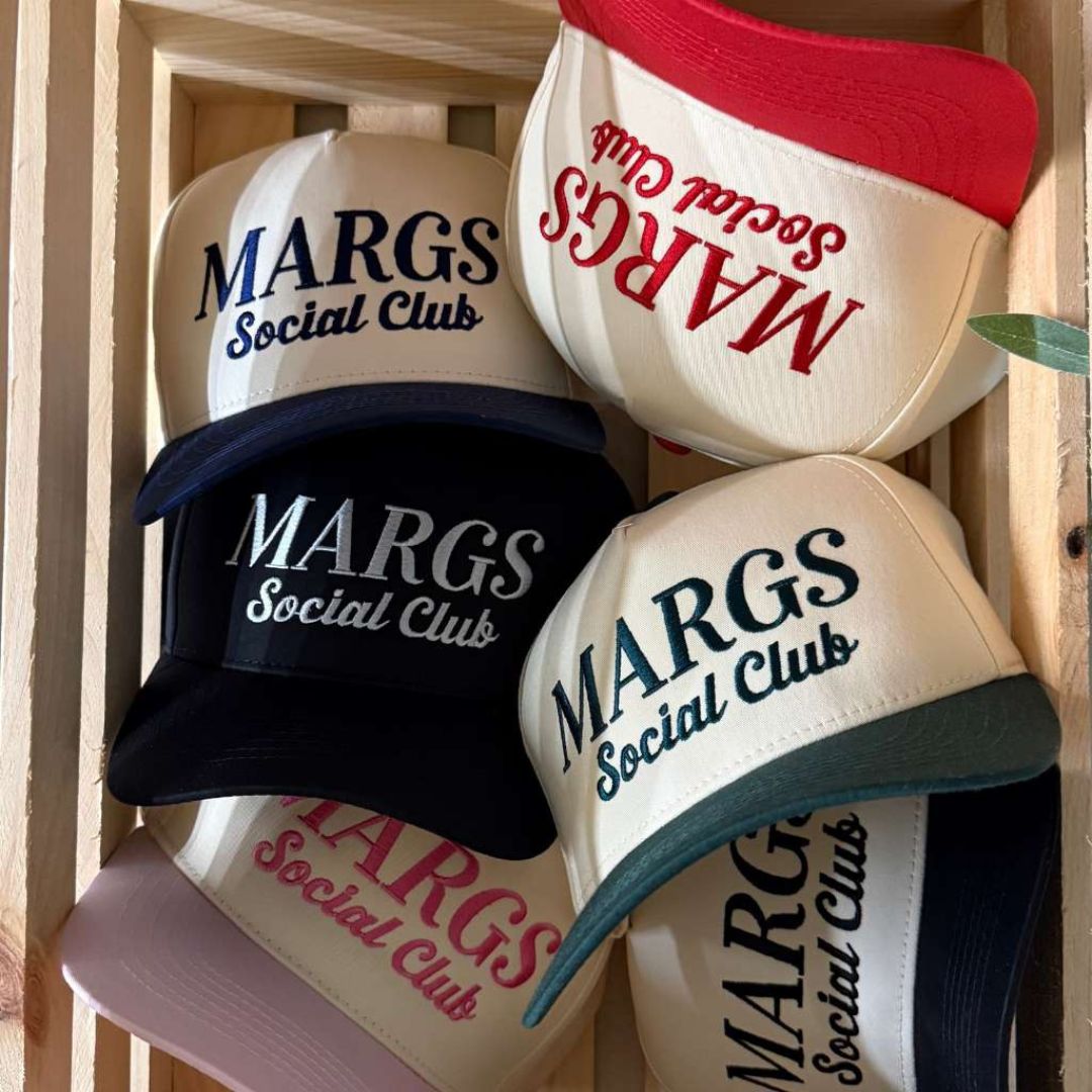 Natural Multicolor set of Two-tone embroidered trucker baseball hats with “Margs Social Club” stitched on front, adjustable snapback closure – DSY Lifestyle