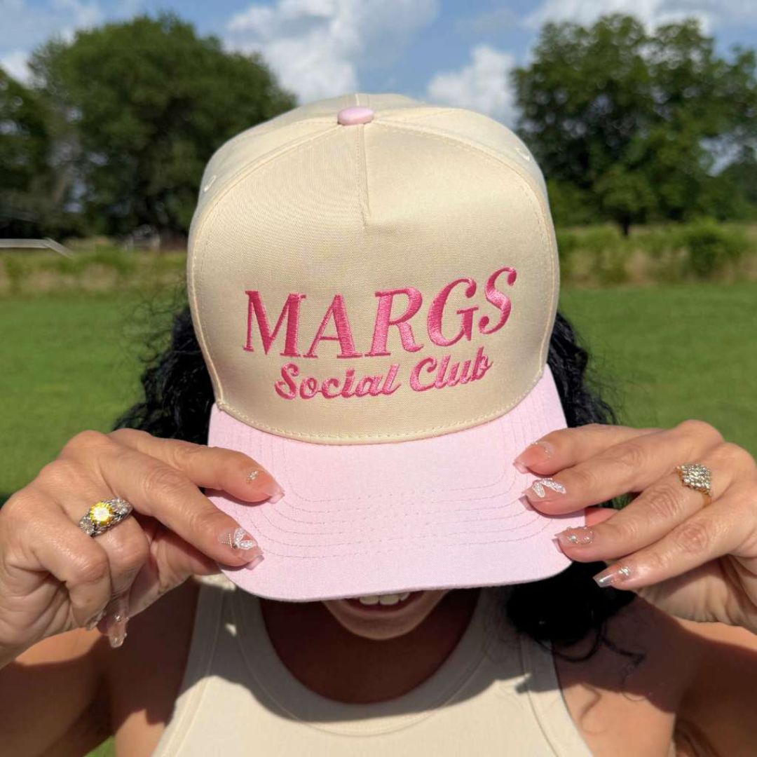 Natural Light Pink Two-tone embroidered trucker baseball hat with “Margs Social Club” stitched on front, adjustable snapback closure – DSY Lifestyle