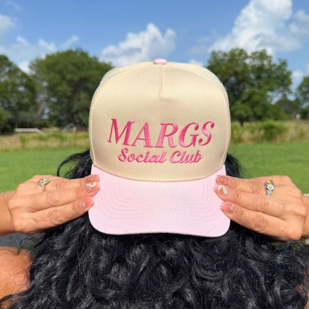 Natural Light Pink Two-tone embroidered trucker baseball hat with “Margs Social Club” stitched on front, adjustable snapback closure – DSY Lifestyle