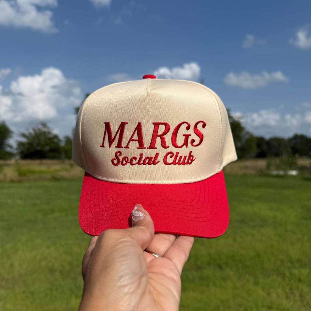Natural Red Two-tone embroidered trucker baseball hat with “Margs Social Club” stitched on front, adjustable snapback closure – DSY Lifestyle