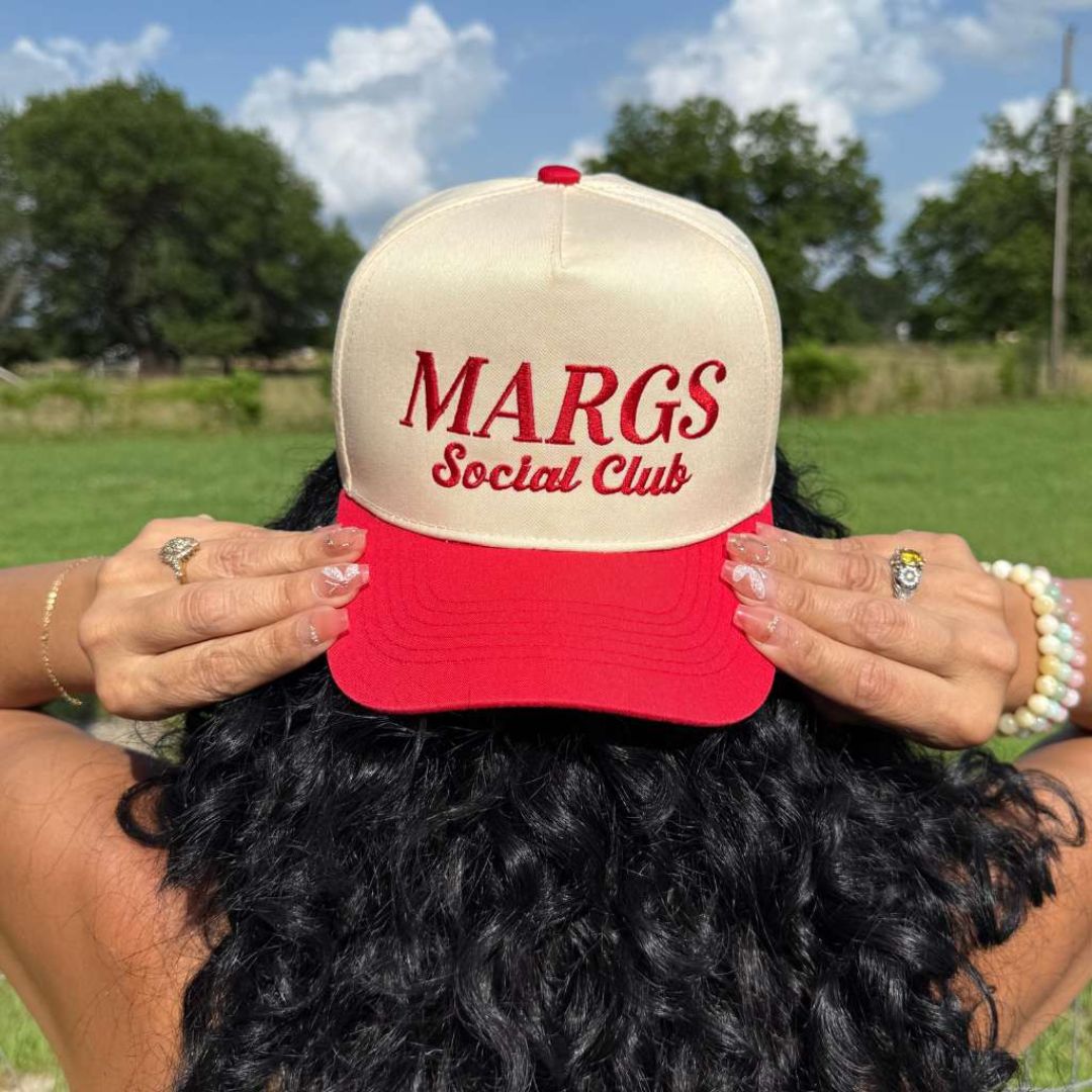 Natural Red Two-tone embroidered trucker baseball hat with “Margs Social Club” stitched on front, adjustable snapback closure – DSY Lifestyle