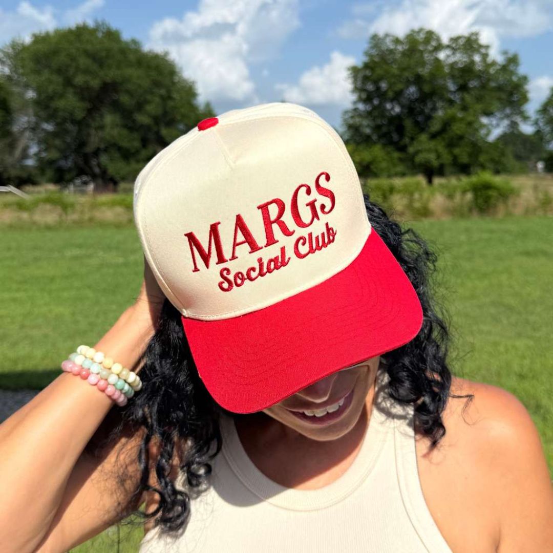 Natural Red Two-tone embroidered trucker baseball hat with “Margs Social Club” stitched on front, adjustable snapback closure – DSY Lifestyle