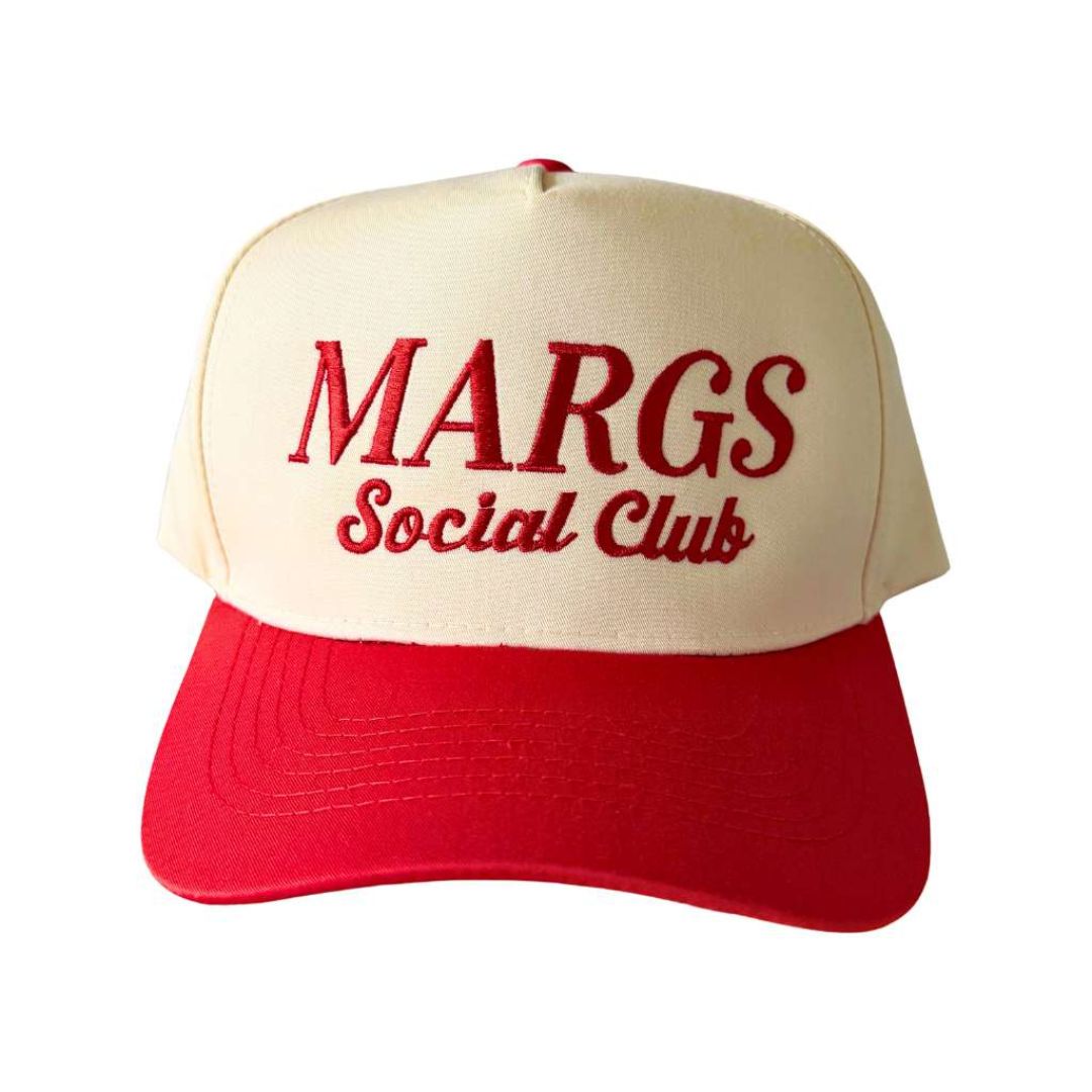 Natural Red Two-tone embroidered trucker baseball hat with “Margs Social Club” stitched on front, adjustable snapback closure – DSY Lifestyle