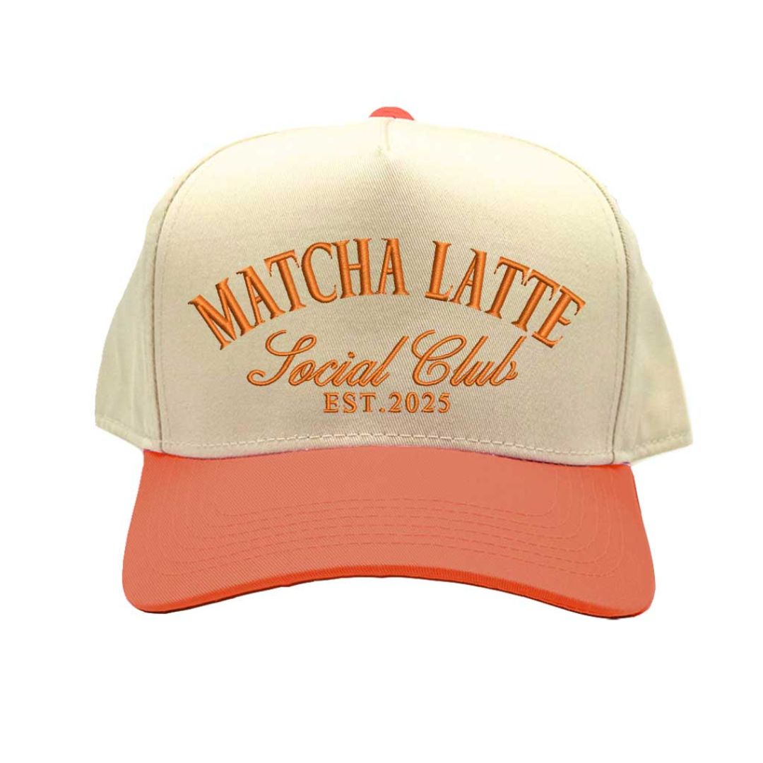 Front view of Matcha Latte Social Club embroidered hat with Natural Orange bill – DSY Lifestyle