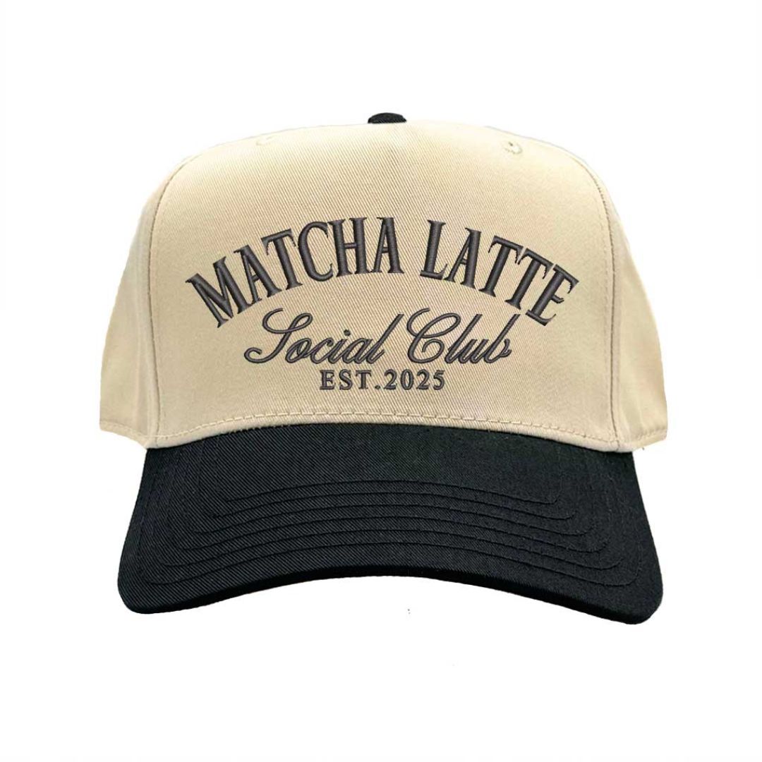 Front view of Matcha Latte Social Club embroidered hat with Natural Black bill – DSY Lifestyle