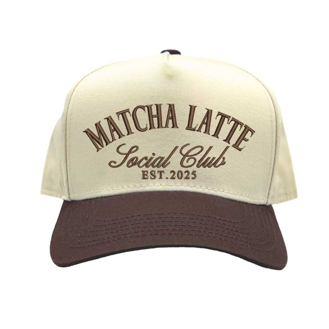 Front view of Matcha Latte Social Club embroidered hat with Natural Brown bill – DSY Lifestyle