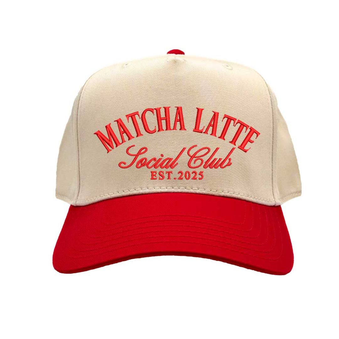 Front view of Matcha Latte Social Club embroidered hat with Natural Red bill – DSY Lifestyle