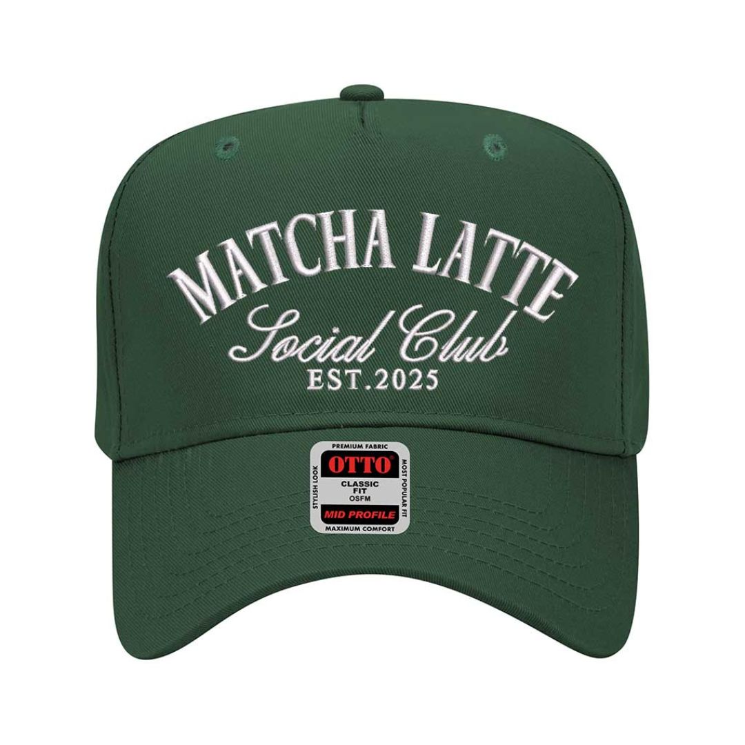 Front view of Matcha Latte Social Club embroidered hat with Forest Green bill – DSY Lifestyle