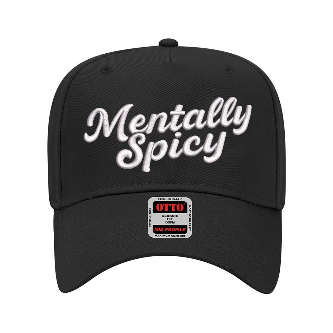 Mentally Spicy Solid Black 5-Panel Embroidered Baseball Hat featuring bold stitched lettering and adjustable snapback closure – DSY Lifestyle