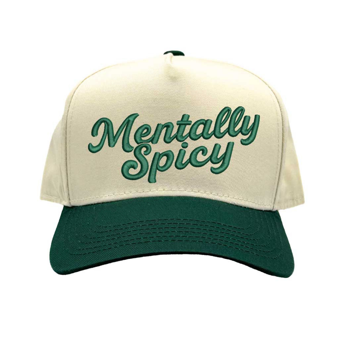 Natural Forest Green Mentally Spicy Two Tone 5-Panel Embroidered Baseball Hat featuring bold stitched lettering and adjustable snapback closure – DSY Lifestyle