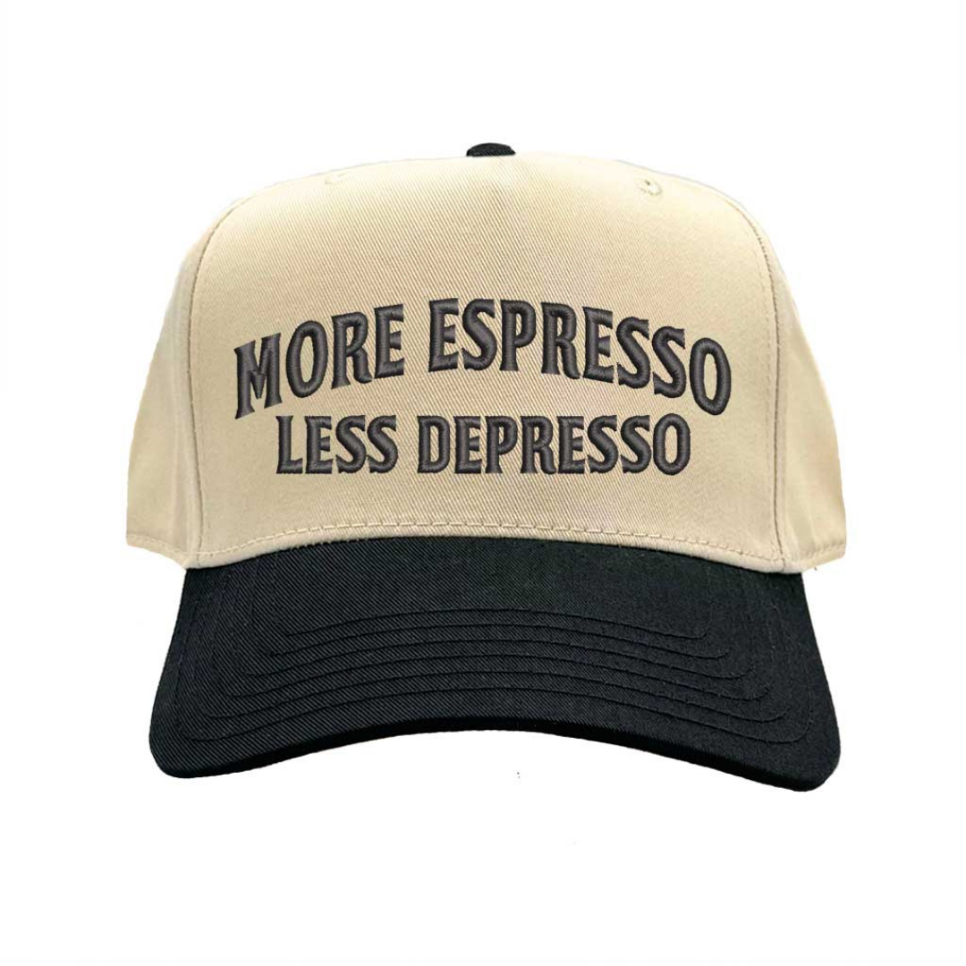 Natural Black More Espresso Less Depresso Two Tone 5-Panel Embroidered Baseball Hat with coffee quote embroidery and adjustable snapback closure – DSY Lifestyle