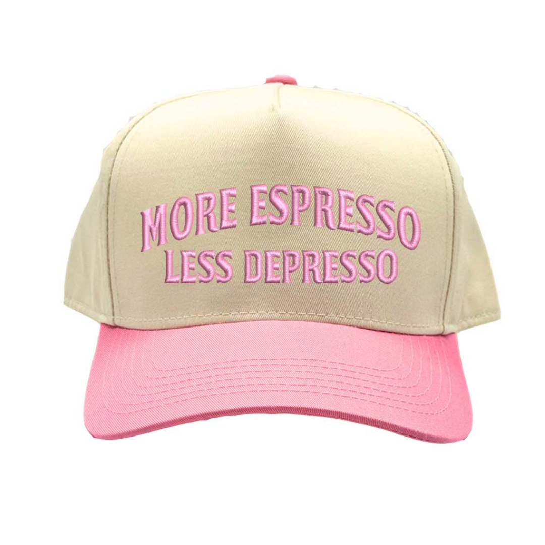 Natural Light Pink More Espresso Less Depresso Two Tone 5-Panel Embroidered Baseball Hat with coffee quote embroidery and adjustable snapback closure – DSY Lifestyle
