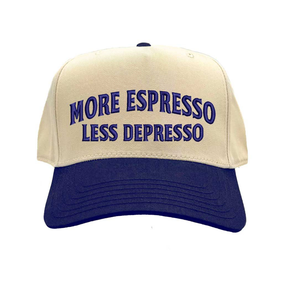 Natural Navy Blue More Espresso Less Depresso Two Tone 5-Panel Embroidered Baseball Hat with coffee quote embroidery and adjustable snapback closure – DSY Lifestyle