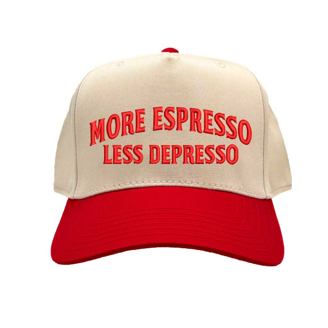 Natural Red More Espresso Less Depresso Two Tone 5-Panel Embroidered Baseball Hat with coffee quote embroidery and adjustable snapback closure – DSY Lifestyle