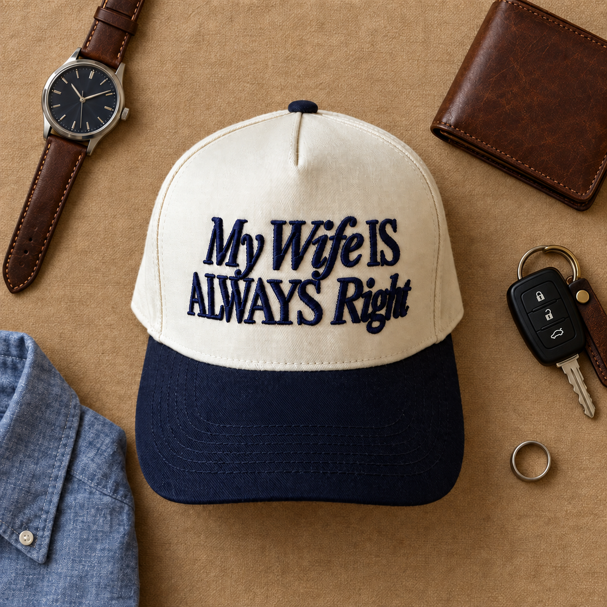 My Wife Is Always Right two-tone embroidered trucker hat styled flat lay