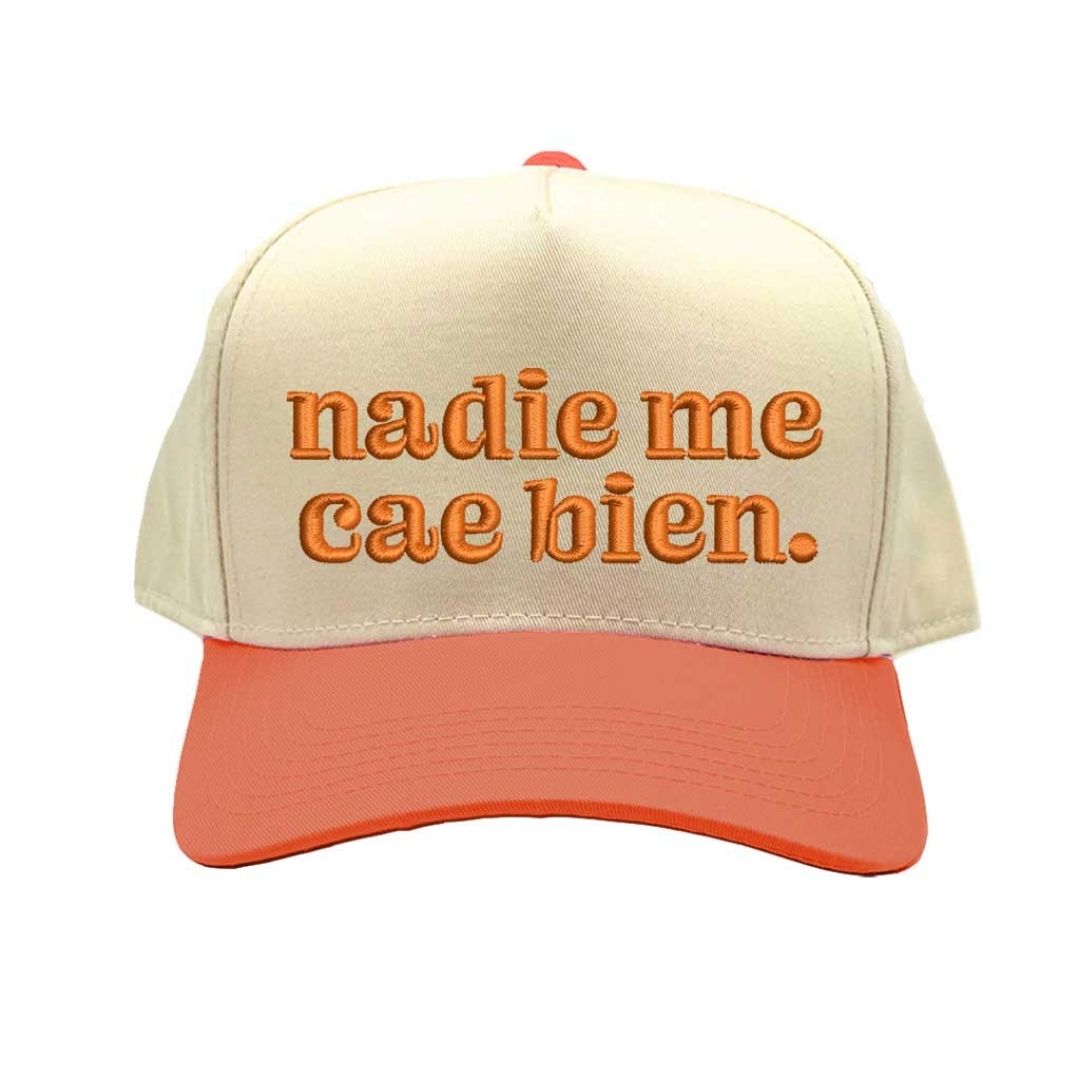 Natural Texas Orange Nadie Me Cae Bien embroidered two-tone baseball hat with retro 5-panel design and adjustable snapback closure – DSY Lifestyle.
