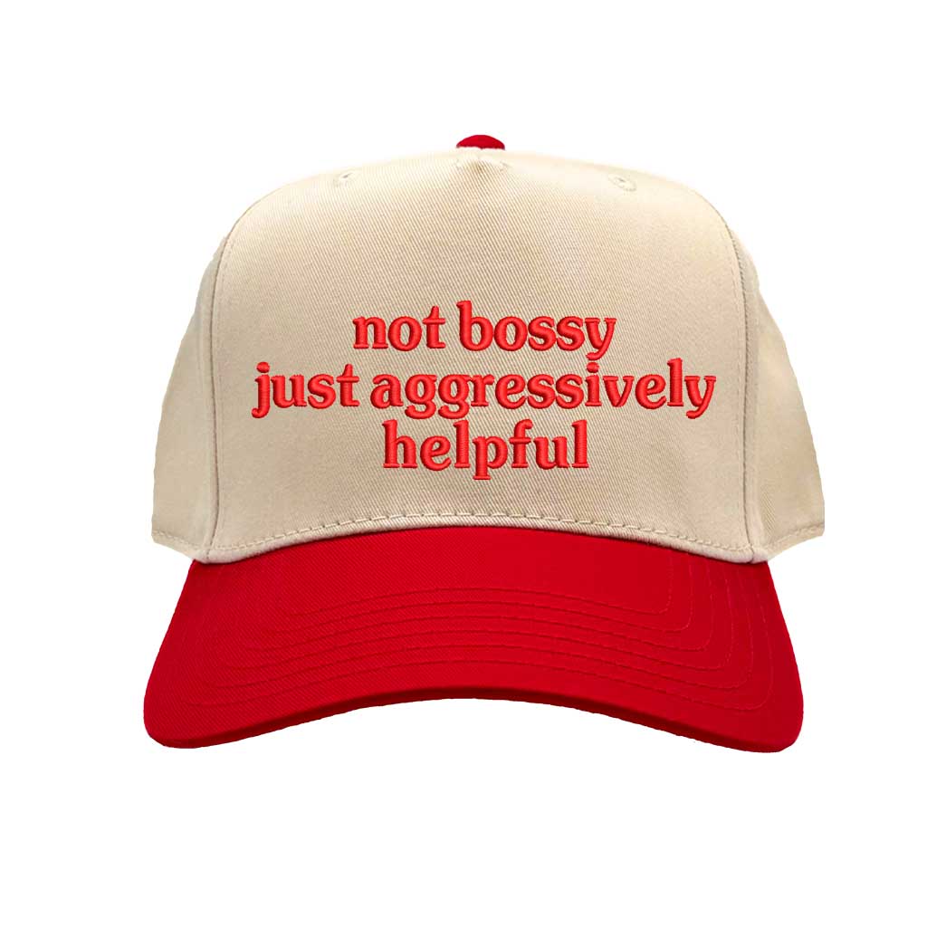 Natural Red Two-tone 5-panel embroidered baseball cap with the bold phrase “Not Bossy Just Aggressively Helpful,” ideal for confident women, leaders, and sassy streetwear lovers – DSY Lifestyle.