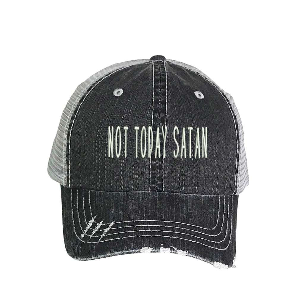 Black distressed trucker hat embroidered with the phrase Not Today Satan - DSY Lifestyle