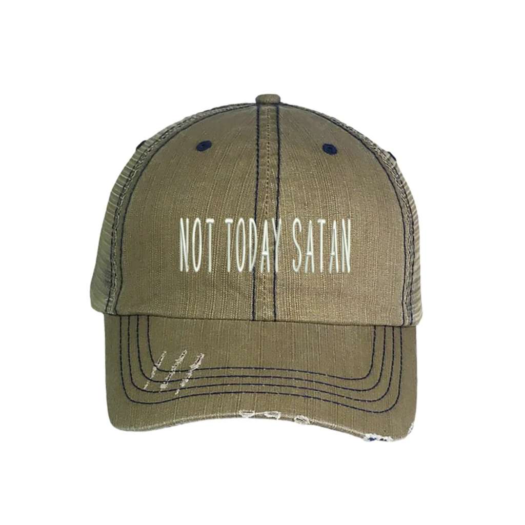 Khaki distressed trucker hat embroidered with the phrase Not Today Satan - DSY Lifestyle
