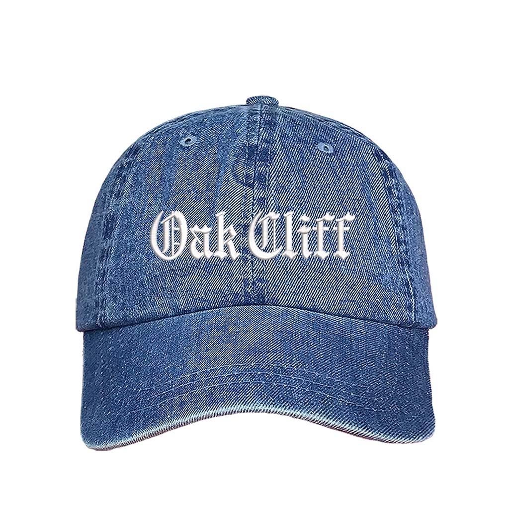 Light Denim Oak Cliff Old English script Embroidered Baseball Hat in soft cotton with curved brim and adjustable hook and loop closure, designed for streetwear and everyday wear - DSY Lifestyle